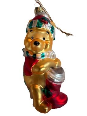 DISNEY Pooh Bear Vintage  CHRISTMAS Ornament Mouth Hand Blown Pooh with Stocking